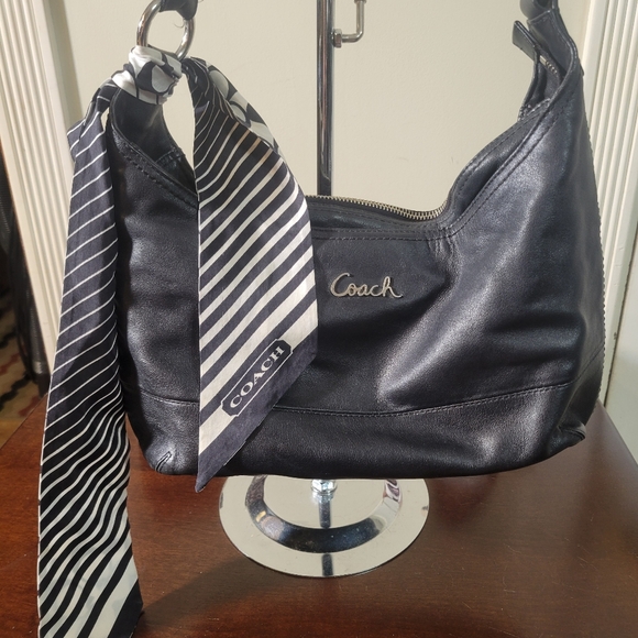 EUC Coach Soft Leather Black Shoulder Bag with Twilly - Picture 1 of 8